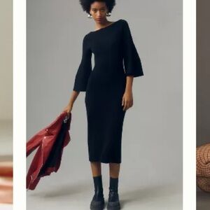 Anthropologie black fluted sleeve midi sweater Dress